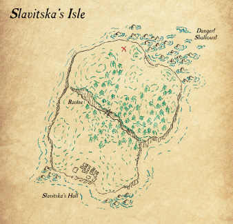 This map is a combination of the parchment map found by Scamp originally with the more detailed map of Slavistka's Isle sold to them by Thrain Lensbearer.